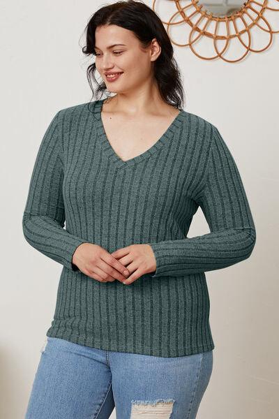 Full Size Ribbed V-Neck Long Sleeve Top in 5 Colors - Olive Ave