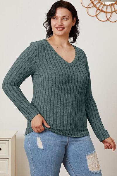 Full Size Ribbed V-Neck Long Sleeve Top in 5 Colors - Olive Ave