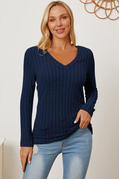 Full Size Ribbed V-Neck Long Sleeve Top in 5 Colors - Olive Ave