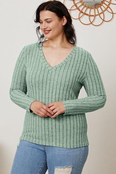 Full Size Ribbed V-Neck Long Sleeve Top in 5 Colors - Olive Ave
