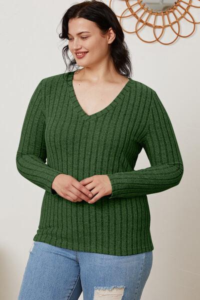 Full Size Ribbed V-Neck Long Sleeve Top in 5 Colors - Olive Ave