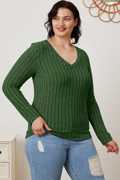 Full Size Ribbed V-Neck Long Sleeve Top in 5 Colors - Olive Ave