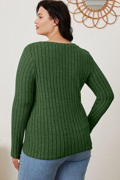 Full Size Ribbed V-Neck Long Sleeve Top in 5 Colors - Olive Ave