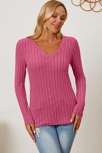 Full Size Ribbed V-Neck Long Sleeve Top in 5 Colors - Olive Ave
