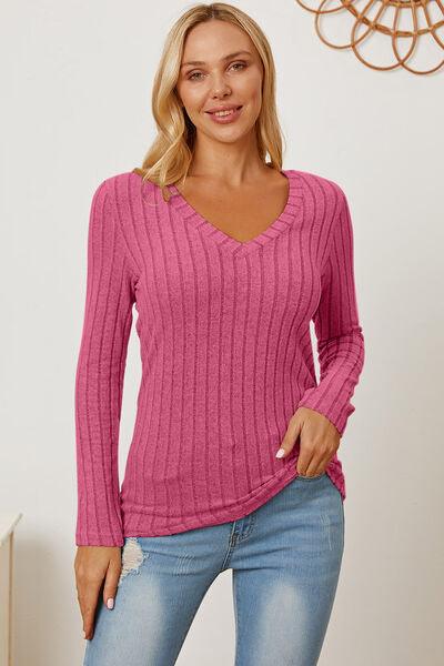 Full Size Ribbed V-Neck Long Sleeve Top in 5 Colors - Olive Ave