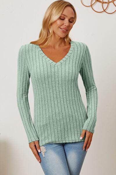Full Size Ribbed V-Neck Long Sleeve Top in 5 Colors - Olive Ave