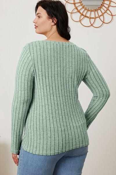 Full Size Ribbed V-Neck Long Sleeve Top in 5 Colors - Olive Ave
