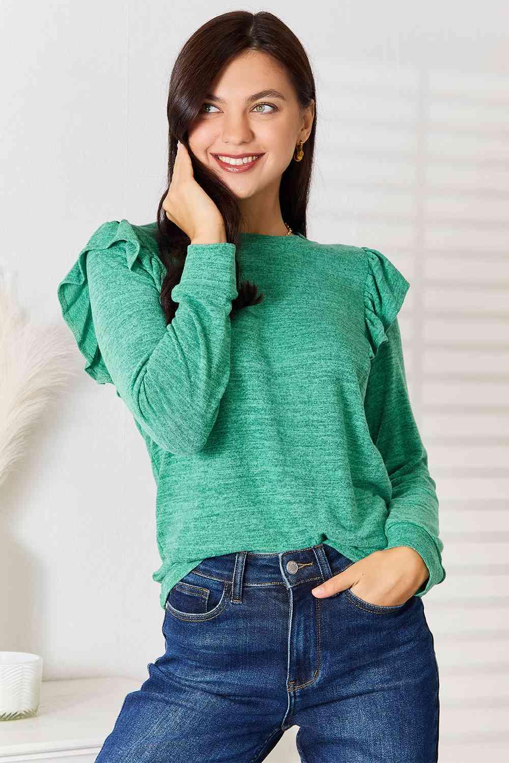 Full Size Selene Ruffle Shoulder Top - Olive Ave