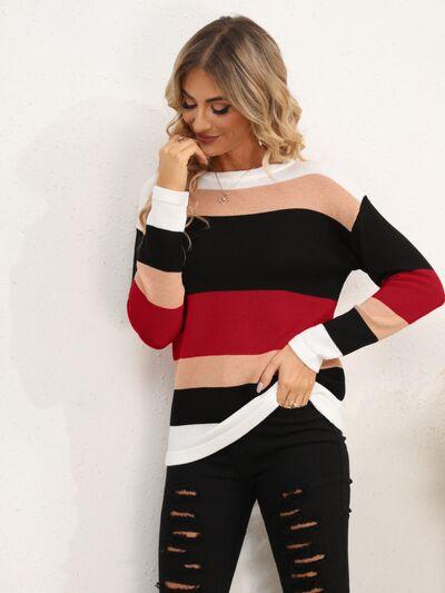 Full Size Striped Dropped Shoulder Sweater in 5 Colors - Olive Ave