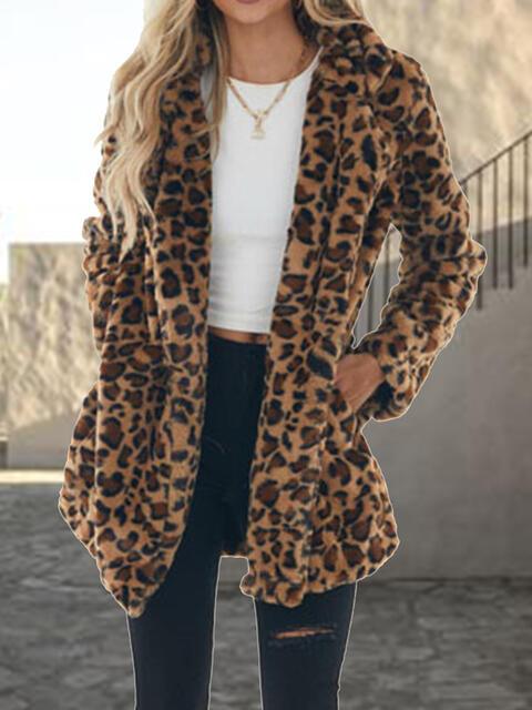 Leopard Collared Coat with Pockets - Olive Ave