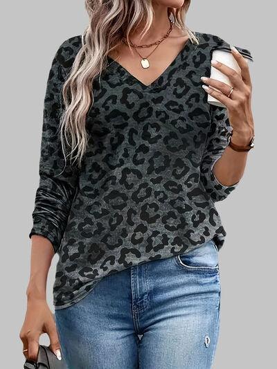 Leopard V-Neck Long Sleeve Top - Olive Ave