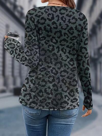Leopard V-Neck Long Sleeve Top - Olive Ave
