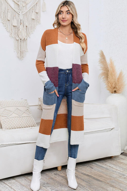Long Color Block Open Front Pocketed Cardigan - Olive Ave