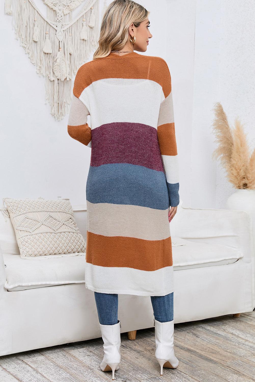 Long Color Block Open Front Pocketed Cardigan - Olive Ave
