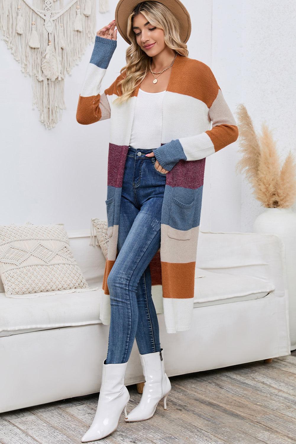 Long Color Block Open Front Pocketed Cardigan - Olive Ave
