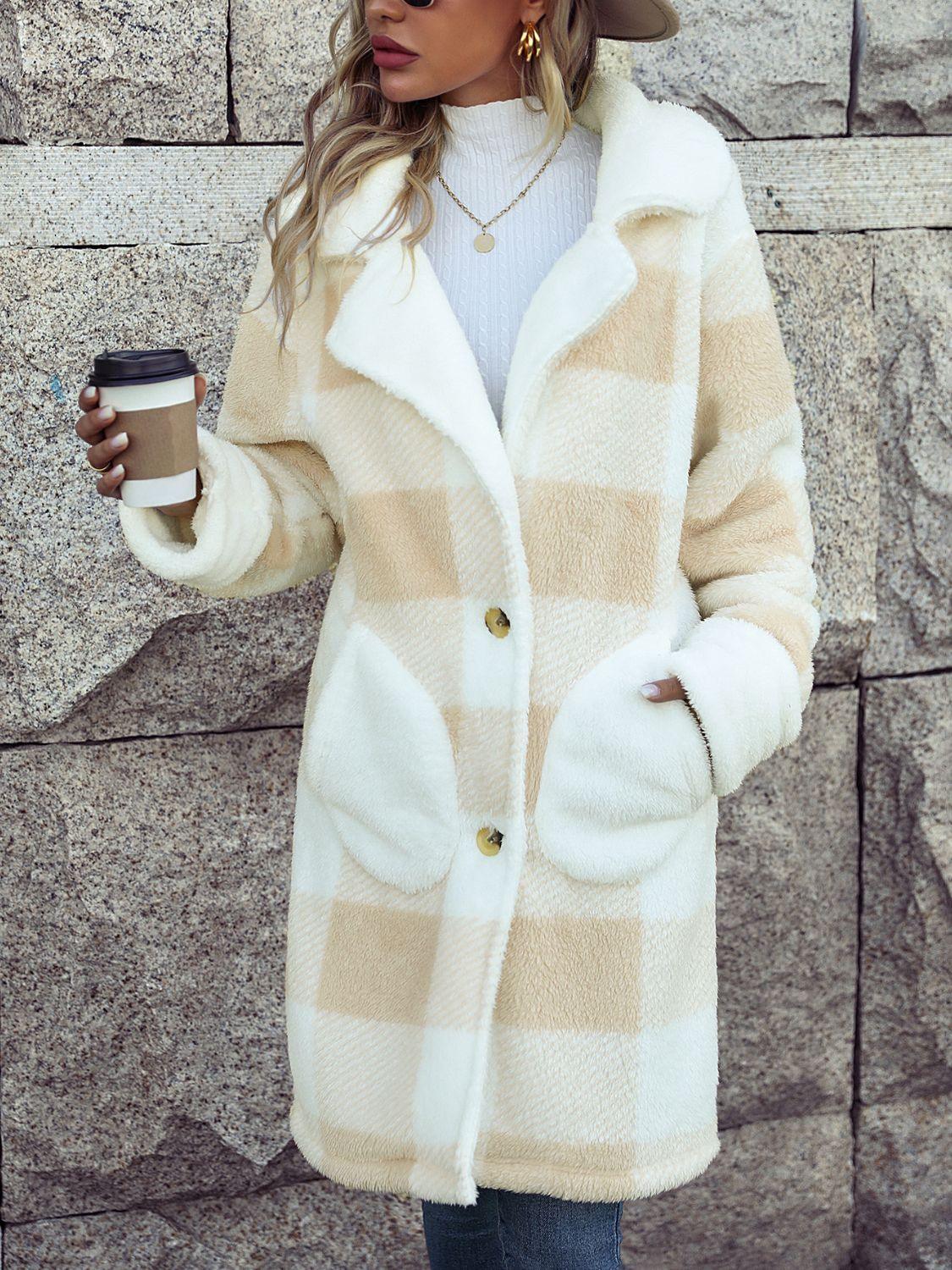 Plaid Button Down Coat with Pockets - Olive Ave