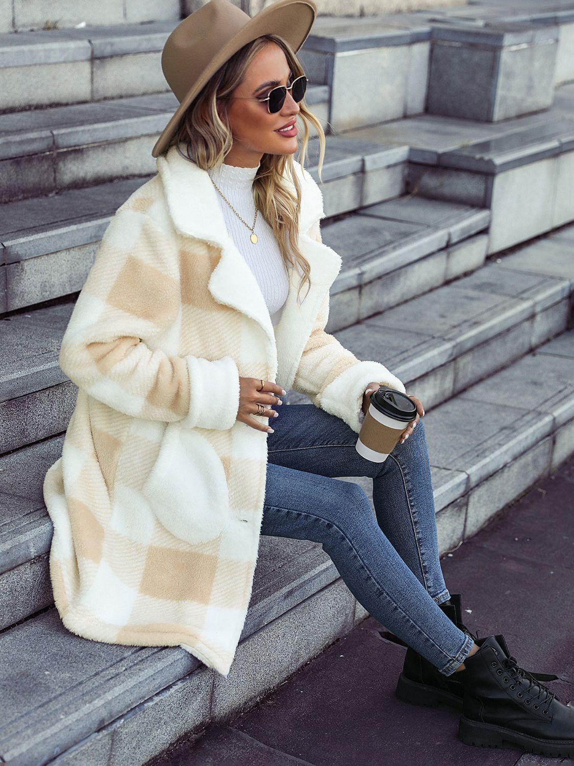 Plaid Button Down Coat with Pockets - Olive Ave