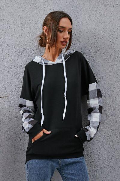 Plaid Drawstring Dropped Shoulder Hoodie - Olive Ave