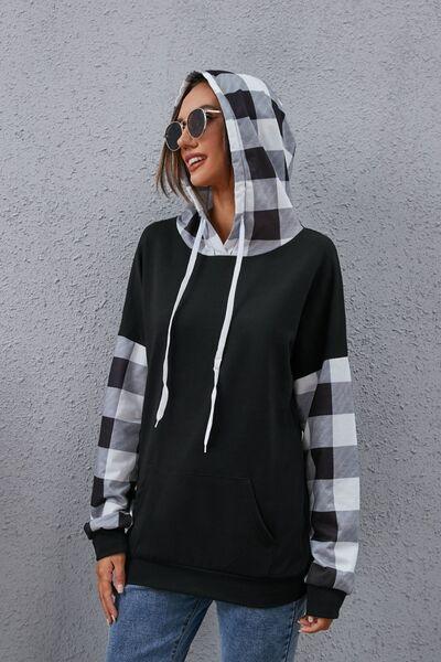 Plaid Drawstring Dropped Shoulder Hoodie - Olive Ave