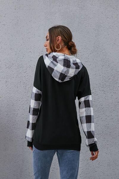 Plaid Drawstring Dropped Shoulder Hoodie - Olive Ave