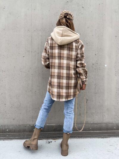 Plaid Dropped Shoulder Hooded Jacket - Olive Ave