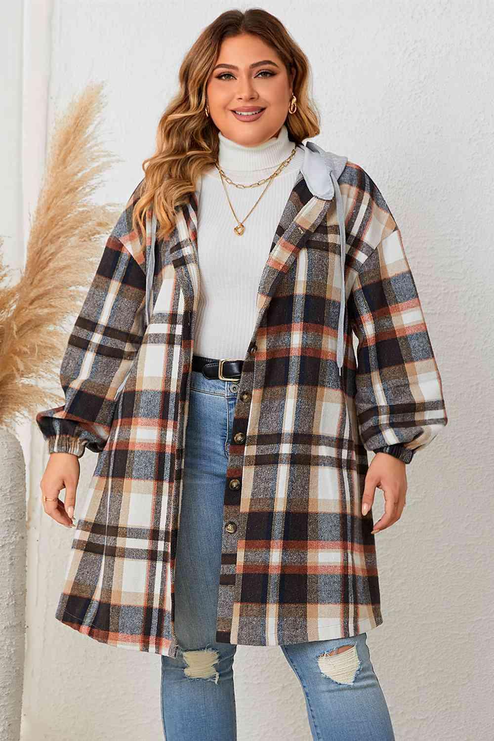 Plus Size Plaid Hooded Coat - Olive Ave