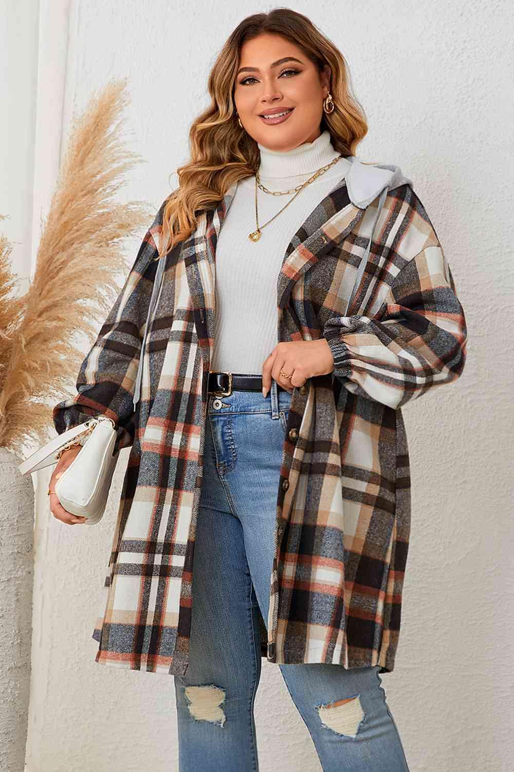 Plus Size Plaid Hooded Coat - Olive Ave