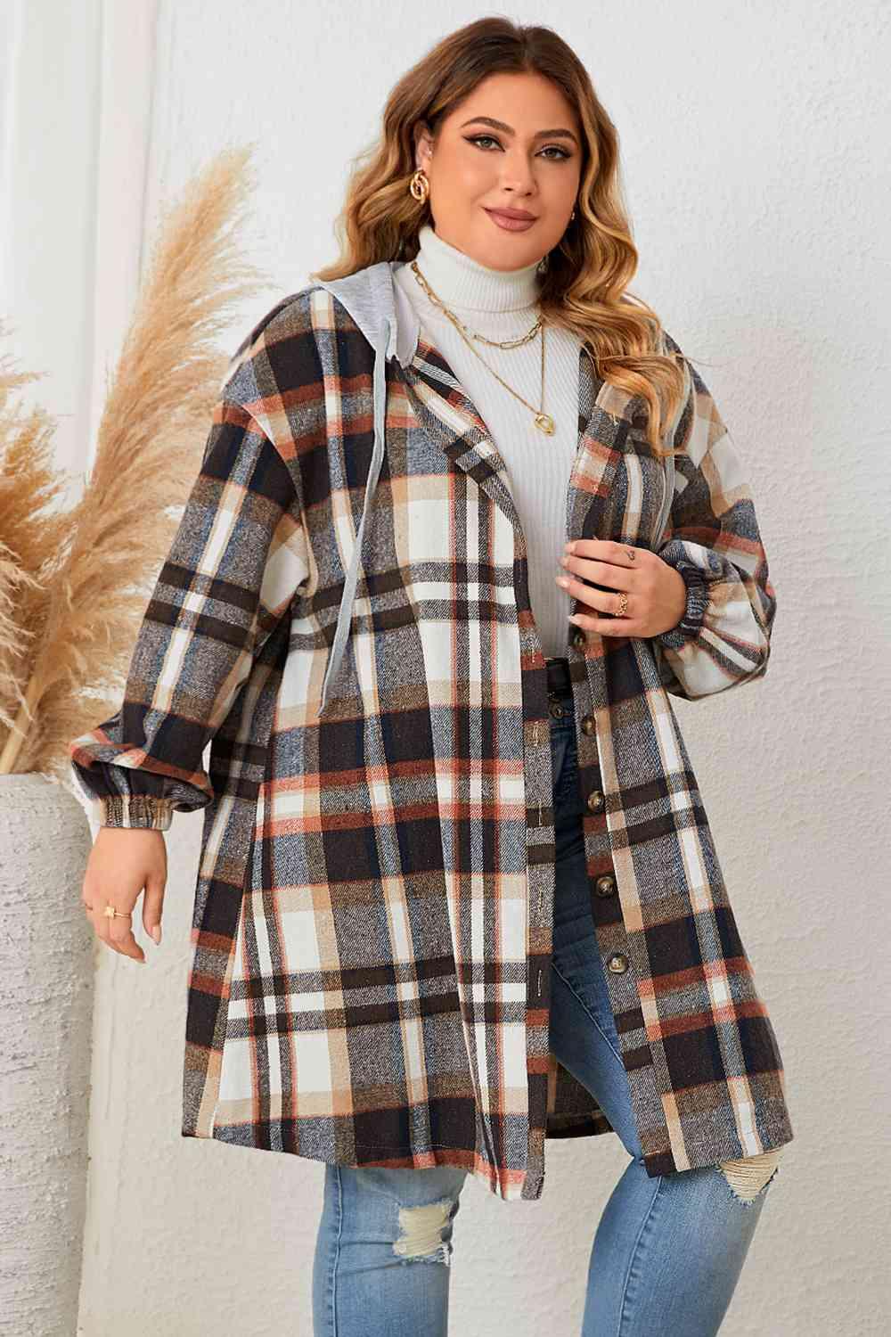 Plus Size Plaid Hooded Coat - Olive Ave