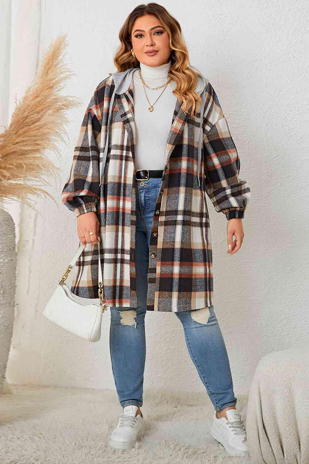 Plus Size Plaid Hooded Coat - Olive Ave