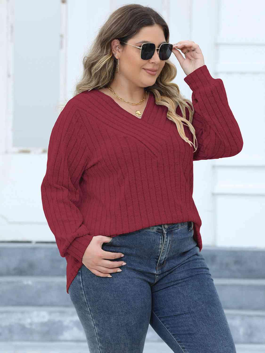 Plus Size Ribbed V-Neck Top in 4 Colors - Olive Ave