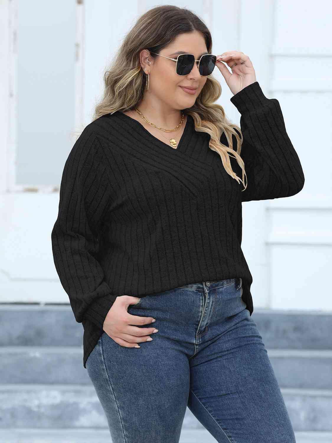 Plus Size Ribbed V-Neck Top in 4 Colors - Olive Ave