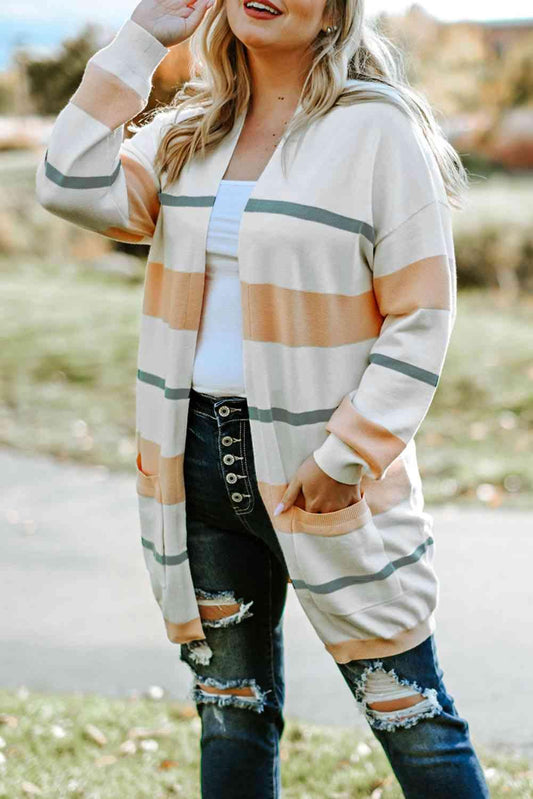 Plus Size Striped Open Front Cardigan - Olive Ave