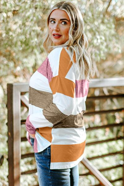 Plus Size Striped Slit Long Sleeve Top in 8 Colors - Olive Ave