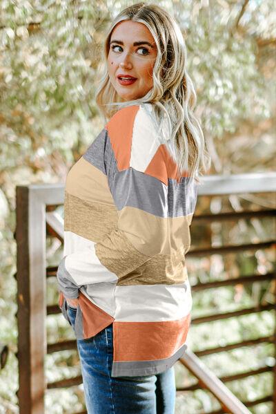 Plus Size Striped Slit Long Sleeve Top in 8 Colors - Olive Ave