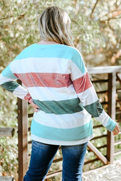 Plus Size Striped Slit Long Sleeve Top in 8 Colors - Olive Ave