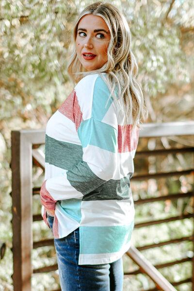 Plus Size Striped Slit Long Sleeve Top in 8 Colors - Olive Ave