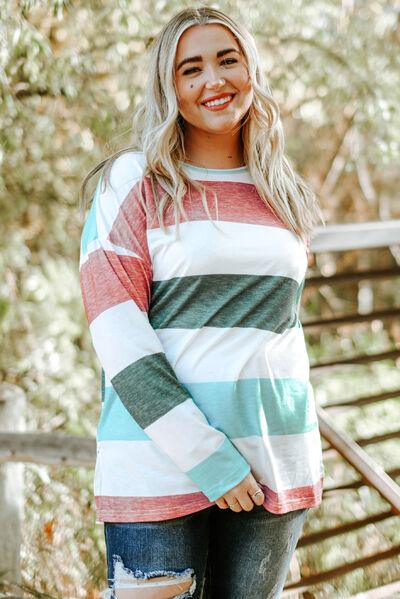 Plus Size Striped Slit Long Sleeve Top in 8 Colors - Olive Ave