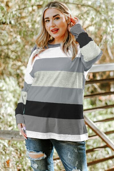 Plus Size Striped Slit Long Sleeve Top in 8 Colors - Olive Ave