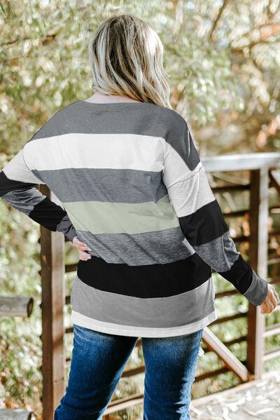 Plus Size Striped Slit Long Sleeve Top in 8 Colors - Olive Ave