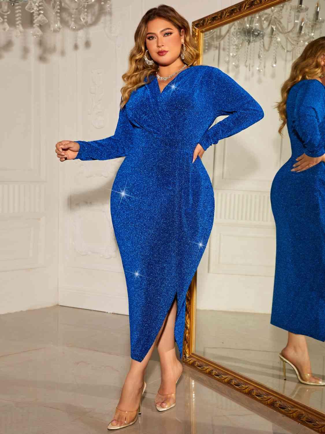 Plus Size Surplice Neck Slit Dress - Olive Ave