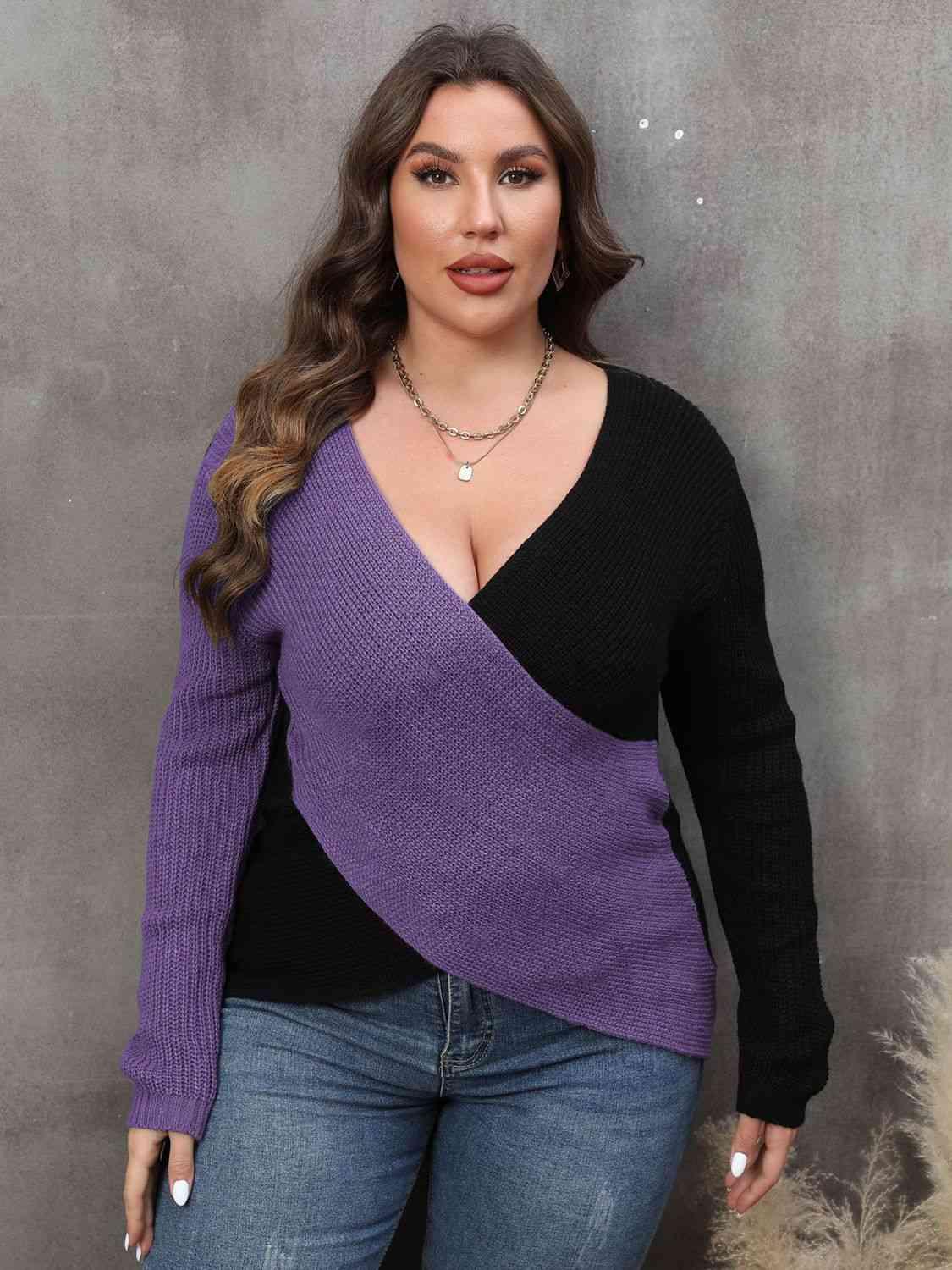 Plus Size Two-Tone Surplice Sweater - Olive Ave
