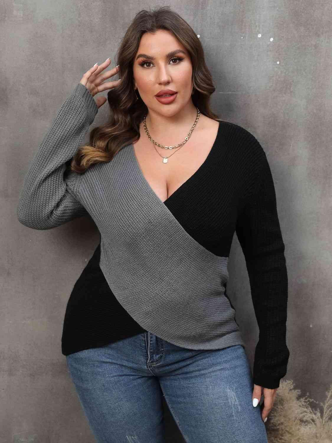 Plus Size Two-Tone Surplice Sweater - Olive Ave