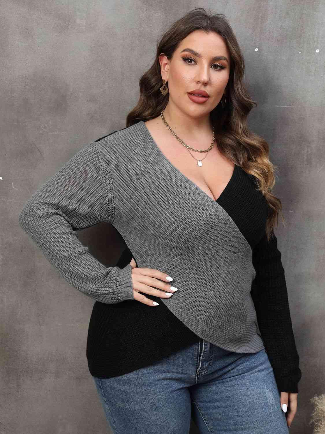 Plus Size Two-Tone Surplice Sweater - Olive Ave