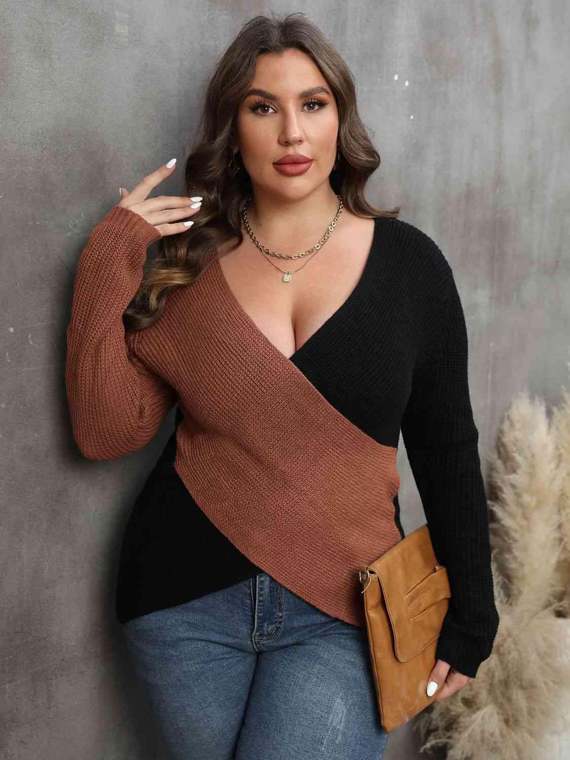 Plus Size Two-Tone Surplice Sweater - Olive Ave