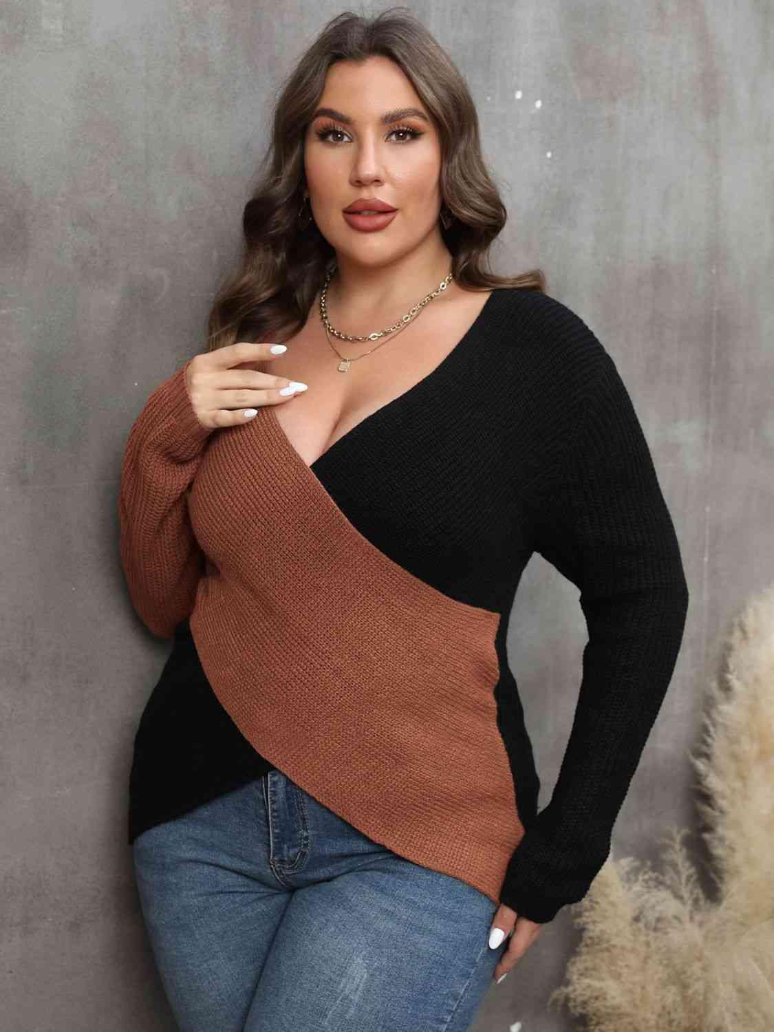 Plus Size Two-Tone Surplice Sweater - Olive Ave