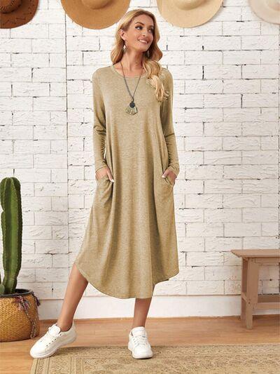 Pocketed Long Sleeve Tee Dress in 6 Colors - Olive Ave