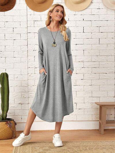 Pocketed Long Sleeve Tee Dress in 6 Colors - Olive Ave