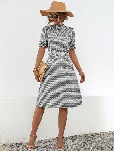 Printed Mock Neck Flounce Sleeve Dress - Olive Ave
