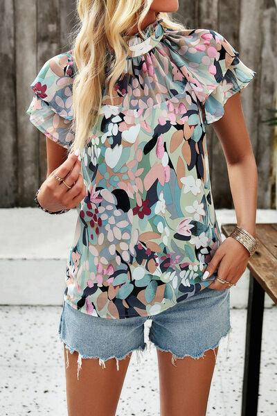 Printed Ruffled Mock Neck Blouse in 5 Colors - Olive Ave