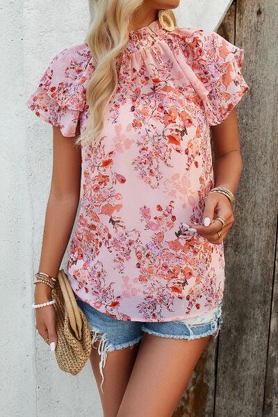 Printed Ruffled Mock Neck Blouse in 5 Colors - Olive Ave